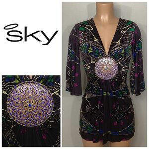 New. SKY silk multicolored mini dress with jeweled medallion. Retails$229